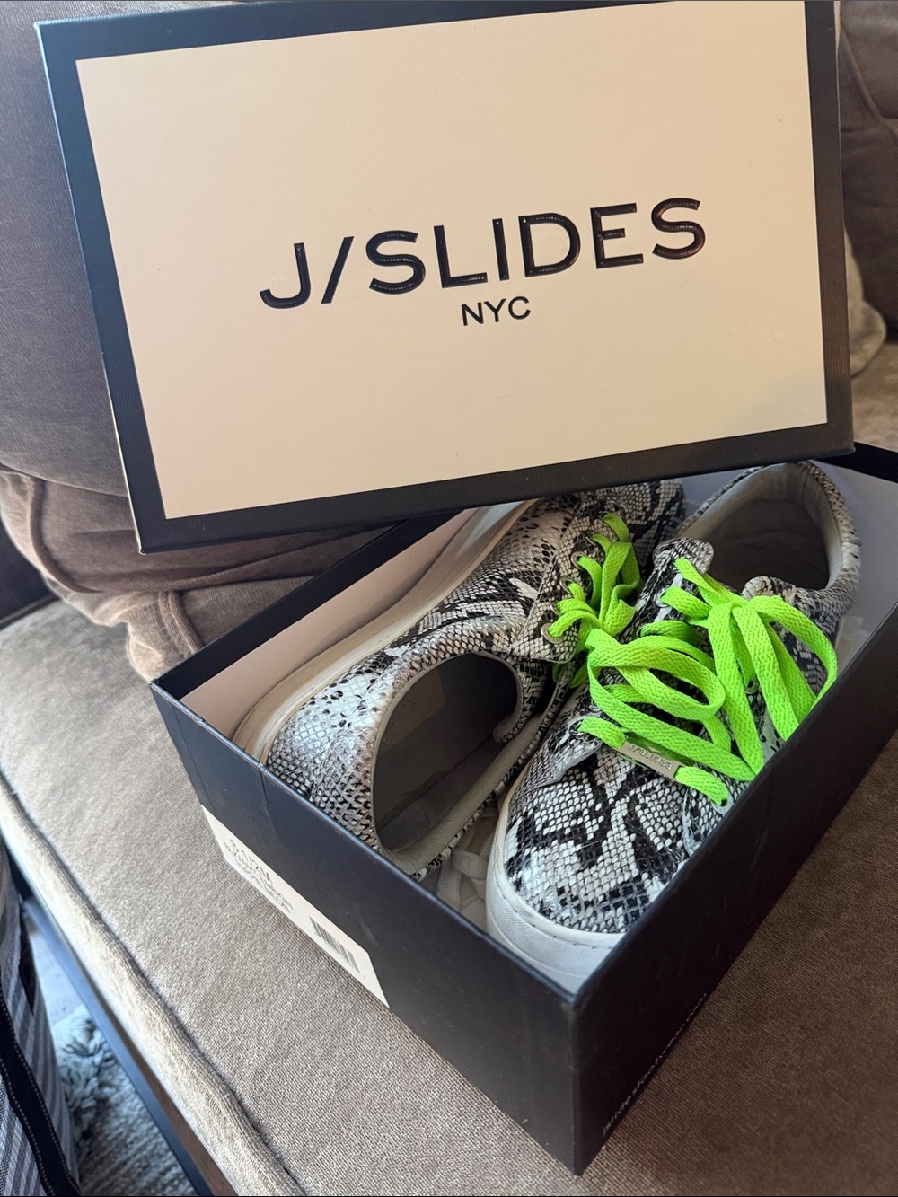 J/SLIDES Snake-Print Low Tops with Neon Green Laces
